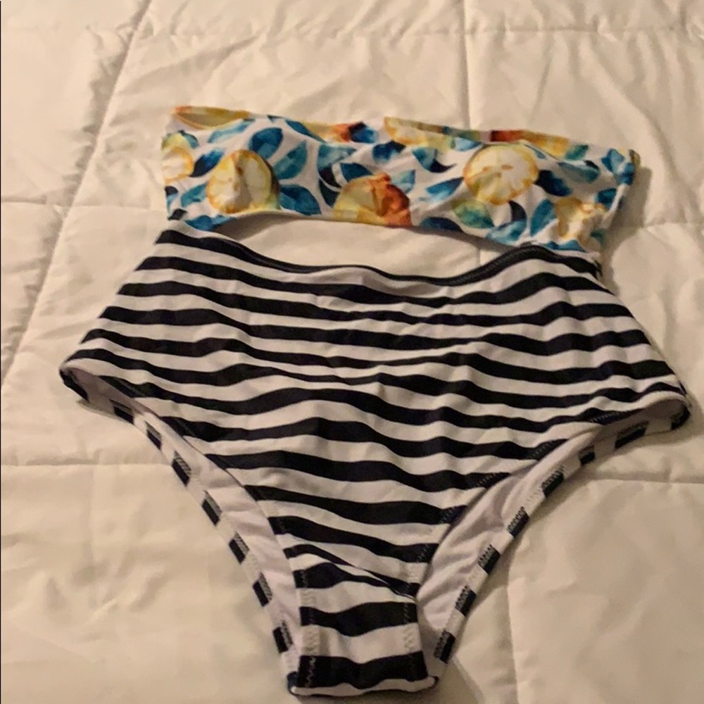 New one piece swim suit with lemon print & stripes